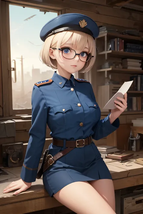 a pretty girl messenger, wearing large glasses, undercut hair, wearing postal uniform, in a post-apocalyptic world