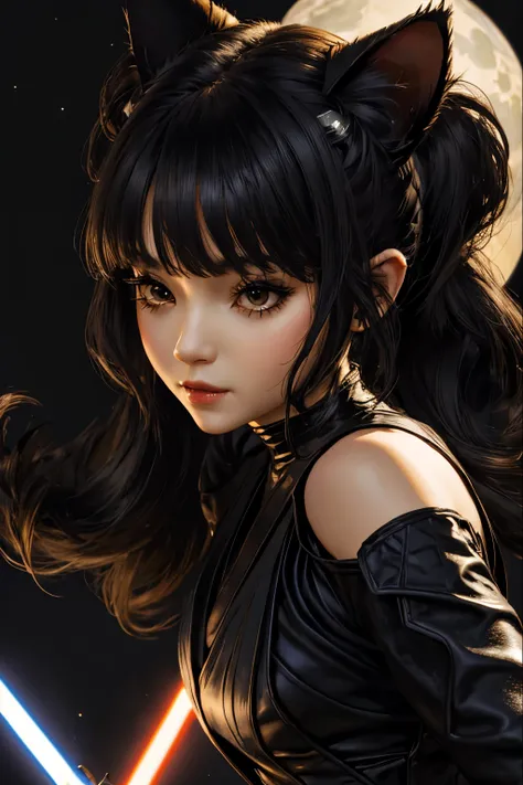 "(best quality,highres),sexy female jedi knight,beautiful detailed beautiful thin red eyes, long hair slightly wavy slightly past the shoulders, black bangs, small black pigtails on the sides, cute cat ears, long eyelashes light tan robe,holding a lightsab...