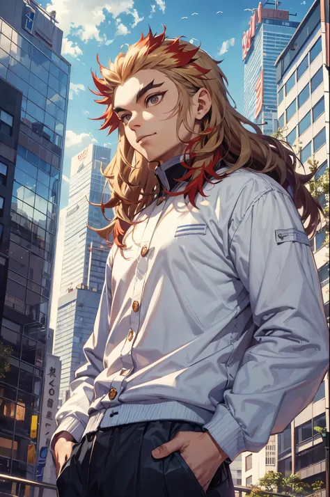 rengoku kyojuro, (absurdres, highres, ultra detailed, hdr), masterpiece, best quality, 1boy, solo, handsome, long hair, forked e...