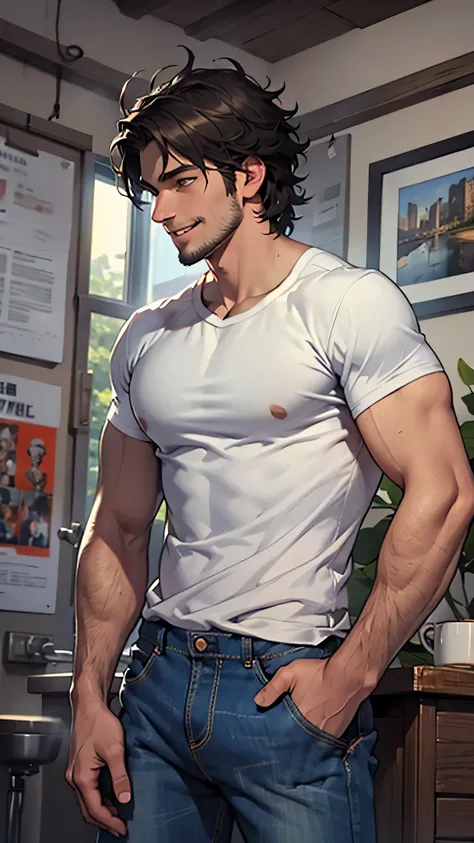 最high quality、Best image quality、masterpiece、male((20-year-old、Stubble,No sleeve、White T-shirt、Blue denim trouseraking coffee、Messy Hair、Muscle chamber、smile)),high quality、Beautiful art、background((one&#39;s home))、Flight、Flying debris、Written boundary de...