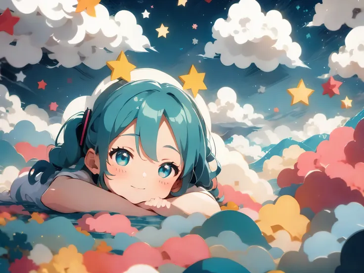 a girl, teal hair, ponytail on both sides, cyan eyes, ((character hatsune miku)), everlasting, sleeping in bed, sleeping on pill...