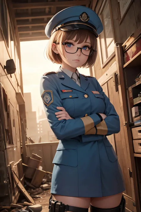 Wide angle, a pretty girl messenger, wearing large glasses, undercut hair, wearing postal uniform, in a post-apocalyptic world