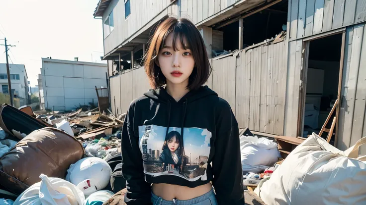 18-year-old,korean women,(((slums))),,((( in a destroyed city))),(((frowning,カメラをglaring))),((((rubble pile))),very fine eye, ju...