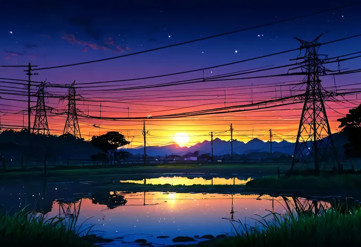 Anime Scenery of a sunset with a pond and power lines, Digital painting by Shitao, tumbler, Conceptual Art, beautiful Anime Scenery, Anime countryside landscape, Anime scenery wallpaper, Beautiful anime scene, Beautiful peaceful scene in anime, Anime Scene...