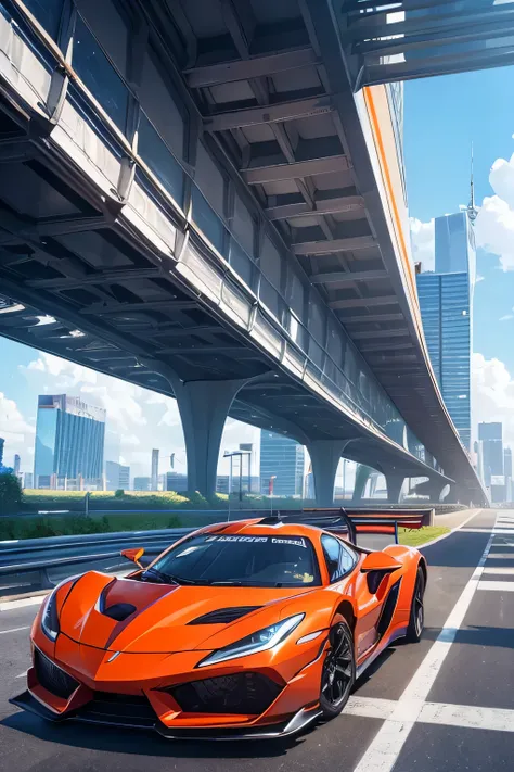 Super bright and modern metallic-vermillion racing car is running on the expressway,
City of high transportation technology complex, skyscrapers , and towers,
Good green environmental atmosphere,
Morning sunlight with blue sky and white cloud