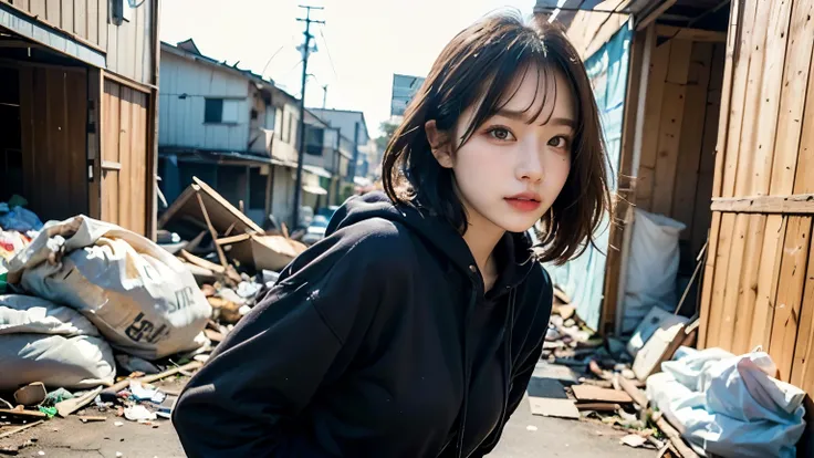 18-year-old,Homeless,Korean women,(((Slums))),Crouching,((( in a destroyed city))),(((Frowning,カメラをGlaring))),((((Rubble pile))),After the disaster,Very fine eye, junk,((In front of the barrack tent)),refuge,(((Wearing a tattered hoodie,Wearing baggy pants...