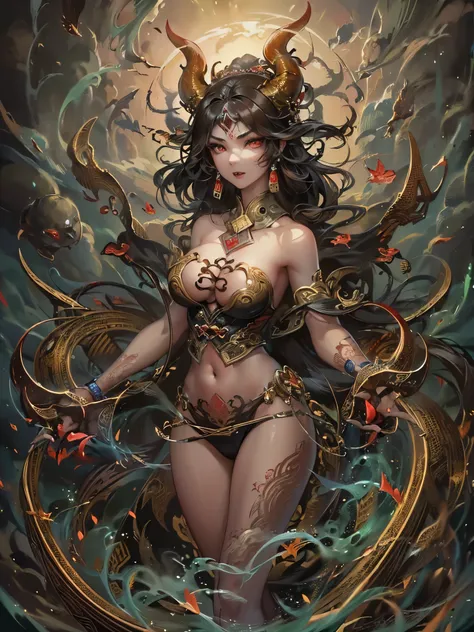 ((highest quality)),(Ultra-high resolution),(Very detailed),(Detailed Description),((The best CG)),(A masterpiece),Ultra-precise art,amazing drawing art,(Chinese fantasy art with intricate details:1.5), (Female Devil:1.7),(Beautiful and well-proportioned f...