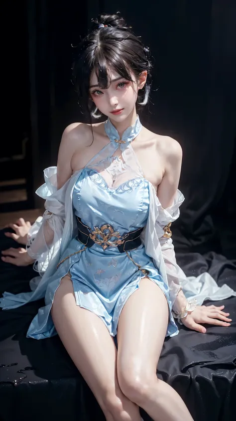 yinziping,china dress, (full body), ((Sitting)), ((Bare shoulders)), ((Very short skirt)), ((Showing off her sexy long legs)), (Surrealism), (illustration), (Resolution enhancement), (8k), (Very detailed), (Best illustration), (Beautiful and delicate eyes)...