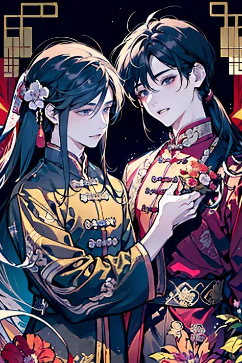 ((Two boys around 16 years old)),(Ancient Chinese style war god costume),((dragon rising towards the sky)),((long hair:1.35)),ponytail,smile,Fantasy,(Demonic and mysterious atmosphere background),((Up and down positioning)),(There are lots of flowers),(Clo...