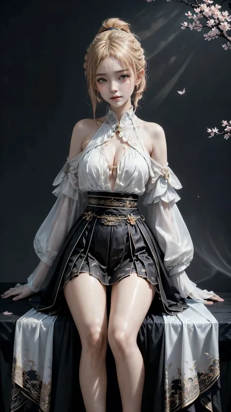 hanfu, (full body), ((Sitting)), ((Bare shoulders)), ((Very short skirt)), ((Showing off her sexy long legs)), (Surrealism), (illustration), (Resolution enhancement), (8k), (Very detailed), (Best illustration), (Beautiful and delicate eyes), (best quality)...