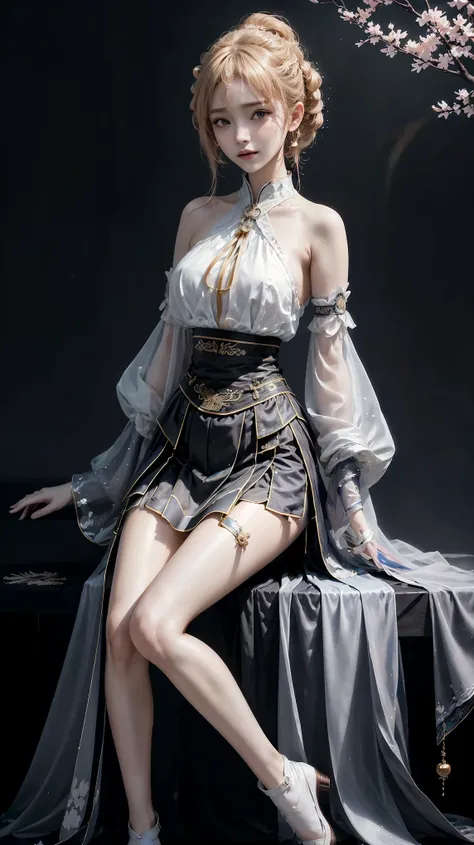 hanfu, (full body), ((Sitting)), ((Bare shoulders)), ((Very short skirt)), ((Showing off her sexy long legs)), (Surrealism), (illustration), (Resolution enhancement), (8k), (Very detailed), (Best illustration), (Beautiful and delicate eyes), (best quality)...