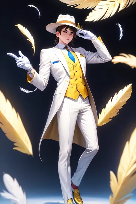 17 year old mafia boy wearing a white suit with yellow shoes. Hes wearing a brown fedora with a white feather on it. He has yellow eyes. He fixes his gloves while he looks into the 4th wall