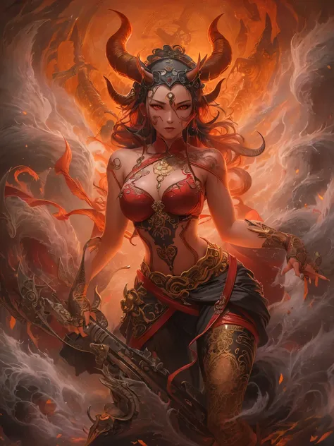 ((highest quality)),(Ultra-high resolution),(Very detailed),(Detailed Description),((The best CG)),(A masterpiece),Ultra-precise art,amazing drawing art,(Chinese fantasy art with intricate details:1.5), (Female Devil:1.7),(Beautiful and well-proportioned f...