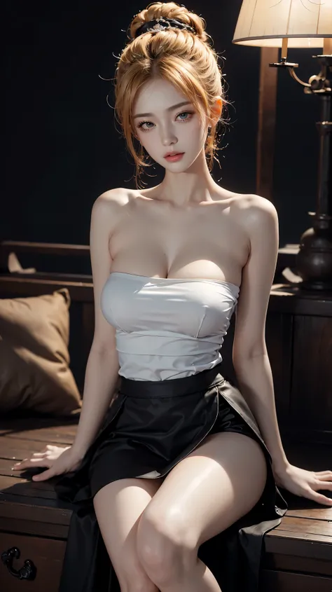 gufeng,bare shoulders, (full body), ((Sitting)), ((Bare shoulders)), ((Very short skirt)), ((Showing off her sexy long legs)), (Surrealism), (illustration), (Resolution enhancement), (8k), (Very detailed), (Best illustration), (Beautiful and delicate eyes)...