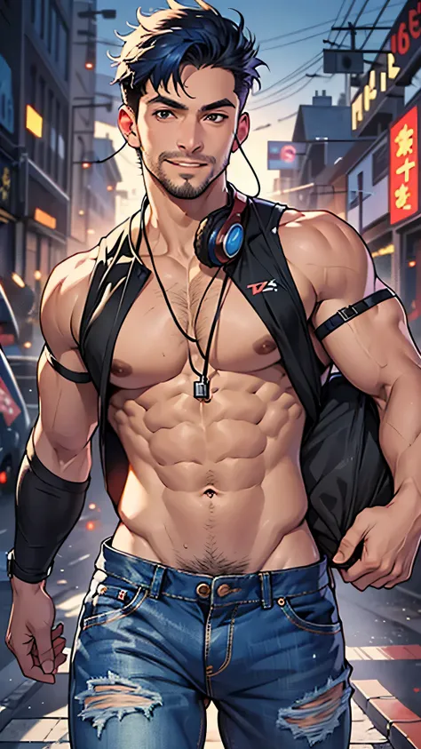 最high quality、Best image quality、masterpiece、male((20-year-old、Stubble,No sleeve、Black tank top、Blue denim trouseressy Hair、Muscle chamber、smile、earphone jack、running)),high quality、Beautiful art、background((Running course))、Flight、Flying debris、Written bo...