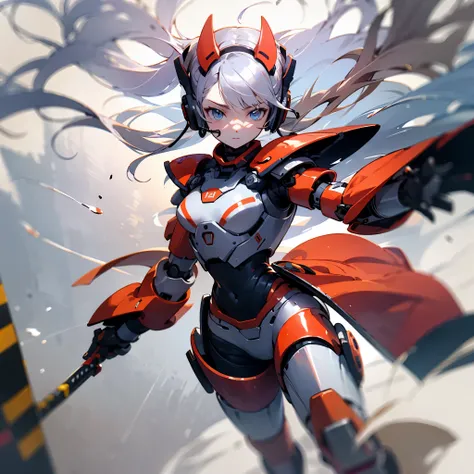 ((best quality)), ((masterpiece)), (detailed), perfect face,
Girl, silver long pigtail hair (hair floating in air like being blown by wind), small breasts, focused expression in the eyes (from eyes is emitting light),
red Sci-fi power armor resembling samu...