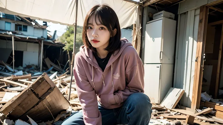 18-year-old,Homeless,Korean women,(((Slums))),Crouching,((( in a destroyed city))),(((Frowning,カメラをGlaring))),((((Rubble pile))),After the disaster,Very fine eye, junk,((Inside the barrack tent)),((refuge)),(((Wearing a tattered hoodie,Wearing baggy pants)...