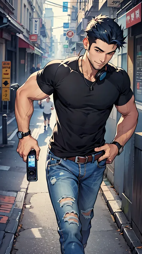 最high quality、Best image quality、masterpiece、male((20-year-old、Stubble,Black shirt、Blue denim trouseressy Hair、Muscle chamber、smile、earphone jack、running)),high quality、Beautiful art、background((Running course))、Flight、Flying debris、Written boundary depth、...