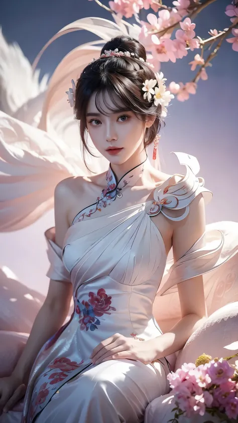 ((Bare shoulder)),Full body shot of woman with flowers in hair, Portraits inspired by Du Qiong, CG trends, Reality, Gorgeous Chinese model, traditional beauty, Chinese girl, cgstation trends, Popular topics on cgstation, Chinese style, palace ， Cute and de...