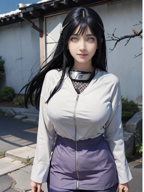 1girl, hyuga hinata in anime naruto, long hair, black hair, ((white eyes:1.4)), smile, beautiful, purple clothes, very big breast, realistic clothes, detail clothes, outdoor background, ultra detail, realistic