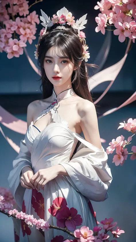 ((bare shoulder)),full body shot of woman with flowers in hair, portraits inspired by du qiong, cg trends, reality, gorgeous chi...