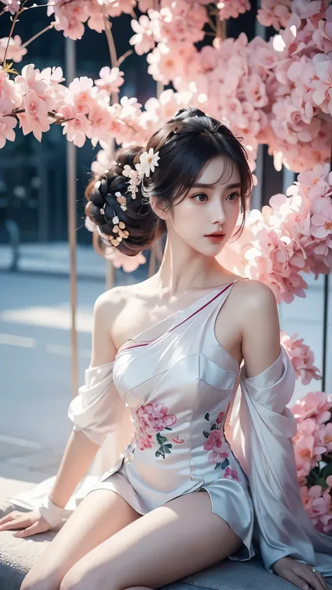 ((bare shoulder)), ((full body)), ((sitting position)), shot of woman with flowers in hair, portraits inspired by du qiong, cg t...