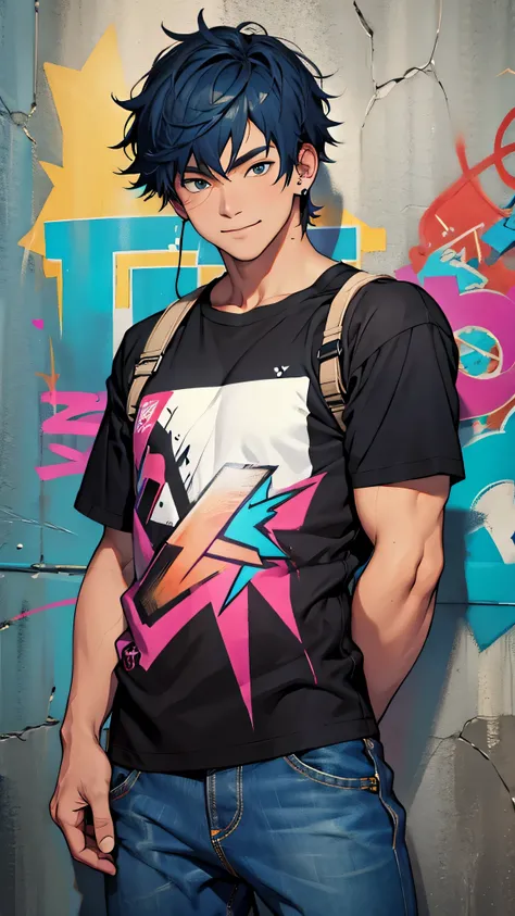 最high quality、Best image quality、masterpiece、male((20-year-old、Otaku style,Black shirt、Blue denim trouseressy Hair、Muscle chamber、smile、earphone jack、Spray can)),high quality、Beautiful art、background((wall、graffiti))、Flight、Flying debris、Written boundary d...