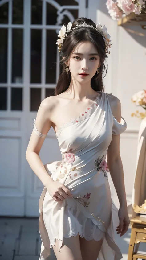 ((Bare shoulder)), ((knee shot)), ((Standing walking)), ((Elegant and charming posture)), ((Close shot)), shot of woman with flowers in hair, Portraits inspired by Du Qiong, CG trends, Reality, Gorgeous Chinese model, traditional beauty, Chinese girl, cgst...