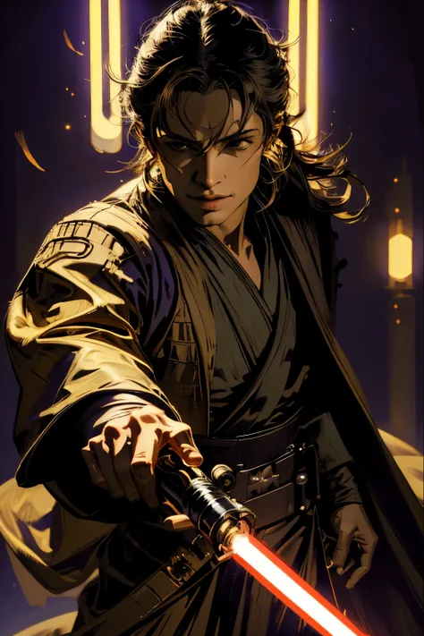 "(best quality,highres),sexy male jedi knight,beautiful detailed eyes,long eyelashes light tan robe, holding a morado lightsaber...