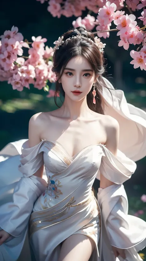 ((Bare shoulder)), ((knee shot)), ((Standing walking)), ((Elegant and charming posture)), ((Close shot)), shot of woman with flowers in hair, Portraits inspired by Du Qiong, CG trends, Reality, Gorgeous Chinese model, traditional beauty, Chinese girl, cgst...