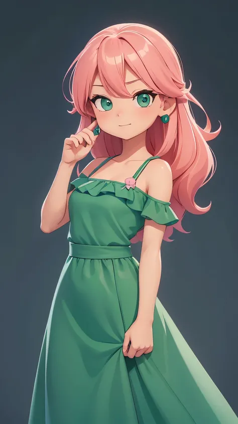 (1girl) A very charming with (green tosca long simple dress) and (pink hair). The illustration is a high-definition illustration in 4k resolution, featuring highly detailed facial features and cartoon-style visuals. ((sfw)), cute pose