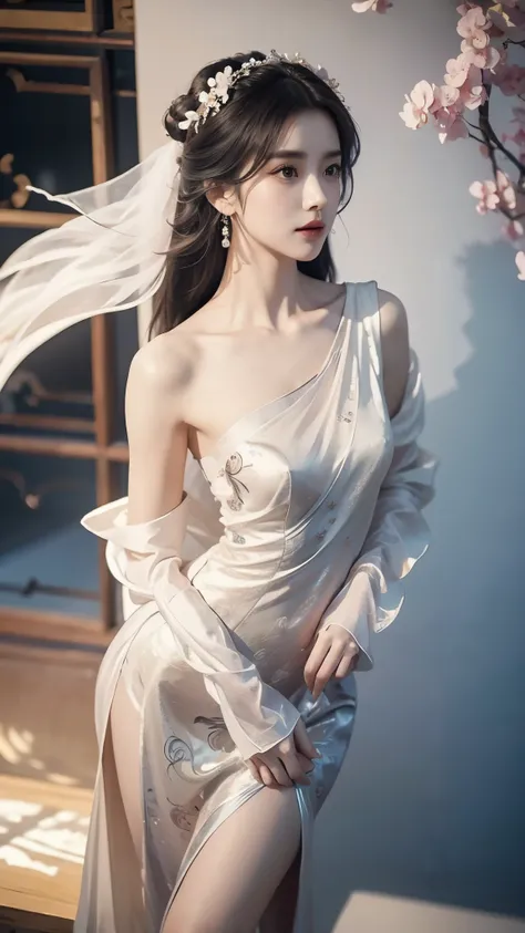 ((Bare shoulder)), ((knee shot)), ((Standing walking)), ((Elegant and charming posture)), ((Close shot)), shot of woman with flowers in hair, Portraits inspired by Du Qiong, CG trends, Reality, Gorgeous Chinese model, traditional beauty, Chinese girl, cgst...