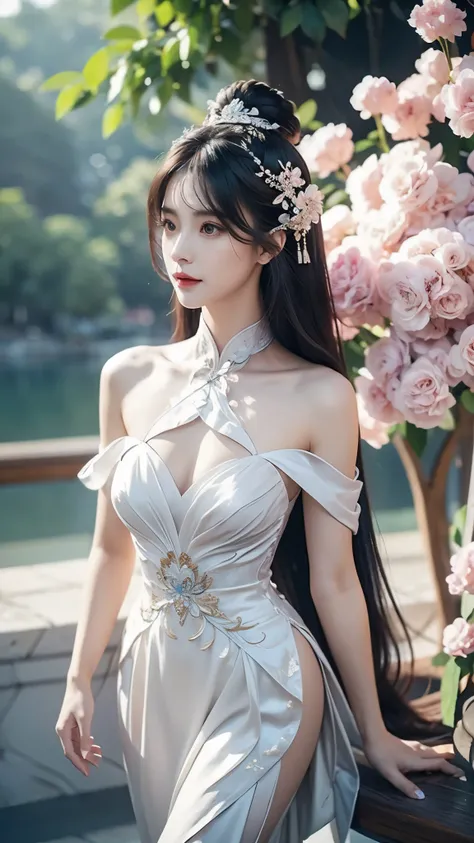 ((Bare shoulder)), ((knee shot)), ((Standing walking)), ((Elegant and charming posture)), ((Close shot)), shot of woman with flowers in hair, Portraits inspired by Du Qiong, CG trends, Reality, Gorgeous Chinese model, traditional beauty, Chinese girl, cgst...