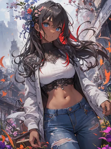 (masterpiece,best quality,ultra detailed,extremely detailed,absolutely resolution,absurdres,8k:1.5),1girl, (holding flame-sword:1.3),(grin), (short-jeans,tanktop,midriff jacket), (solo), (full body:1.5),BREAK,(highly detailed face and eyes:1.5),(dark_skin:...