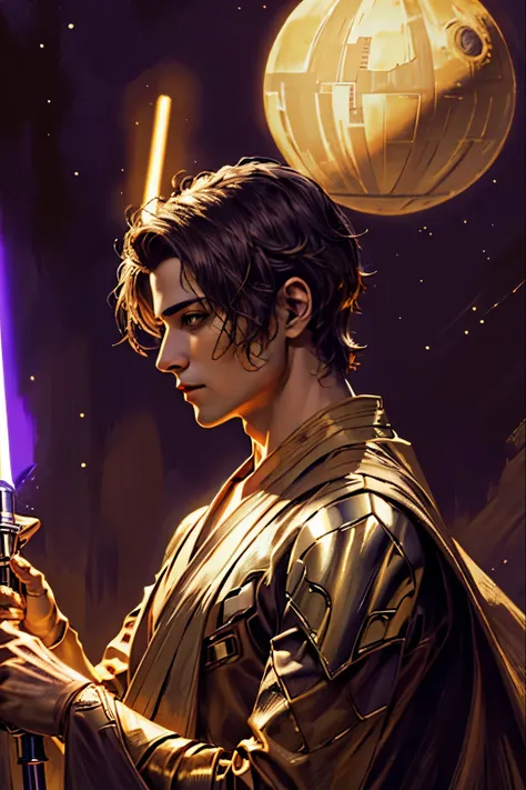 "(best quality,highres),sexy male jedi knight,beautiful detailed eyes,long eyelashes light tan robe, holding a morado lightsaber...