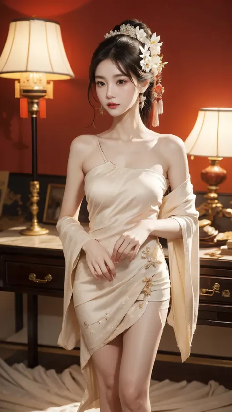 ((Bare shoulder)), ((knee shot)), ((Standing walking)), ((Elegant and charming posture)), ((Close shot)), shot of woman with flowers in hair, Portraits inspired by Du Qiong, CG trends, Reality, Gorgeous Chinese model, traditional beauty, Chinese girl, cgst...