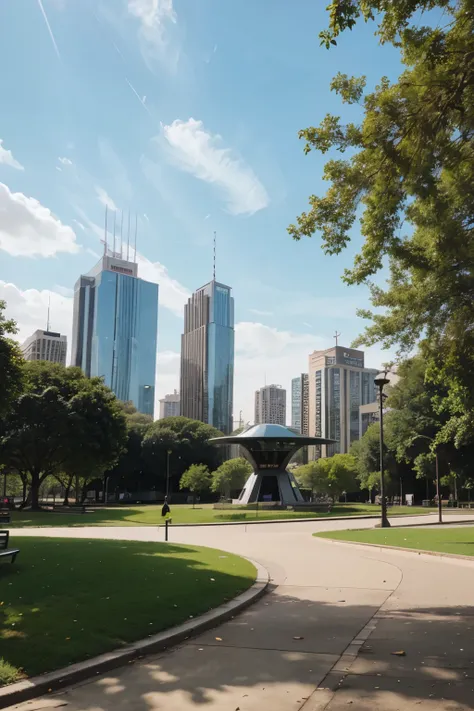 futuristic park with buildings around the park with street furniture