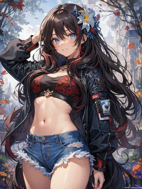 (masterpiece,best quality,ultra detailed,extremely detailed,absolutely resolution,absurdres,8k:1.5),1girl, (holding flame-sword:1.3),(grin), (short-jeans,tanktop,midriff jacket), (solo), (full body:1.5),BREAK,(highly detailed face and eyes:1.5),(dark_skin:...