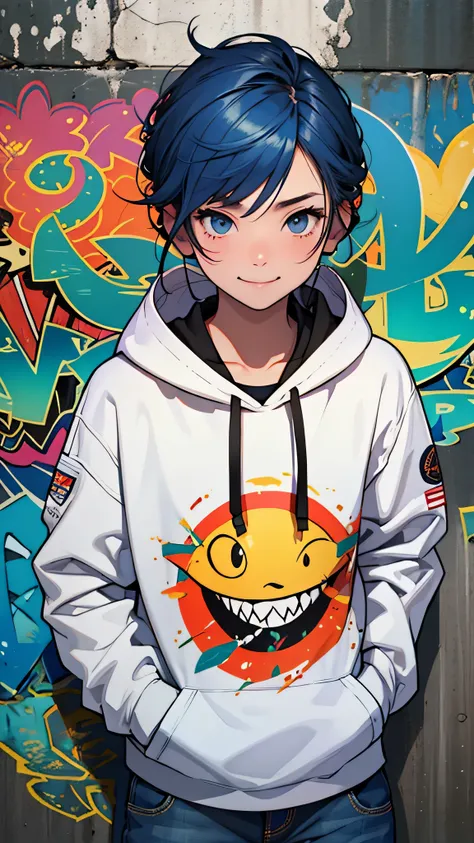 最high quality、Best image quality、masterpiece、male((20-year-old、Otaku style,Black hoodie、Blue denim trouseressy Hair、Muscle chamber、smile、earphone jack、Holding a spray can、Put on the hood)),high quality、Beautiful art、background((wall、graffiti))、Flight、Flyin...