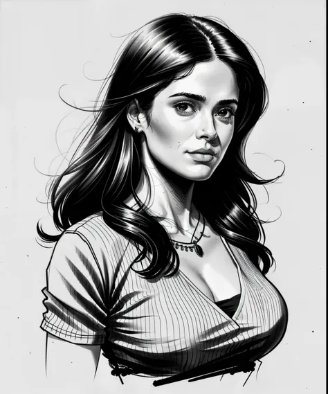 sketch artstyle, salma hayek in casual clothes, grayscale, monochrome, ((solo))