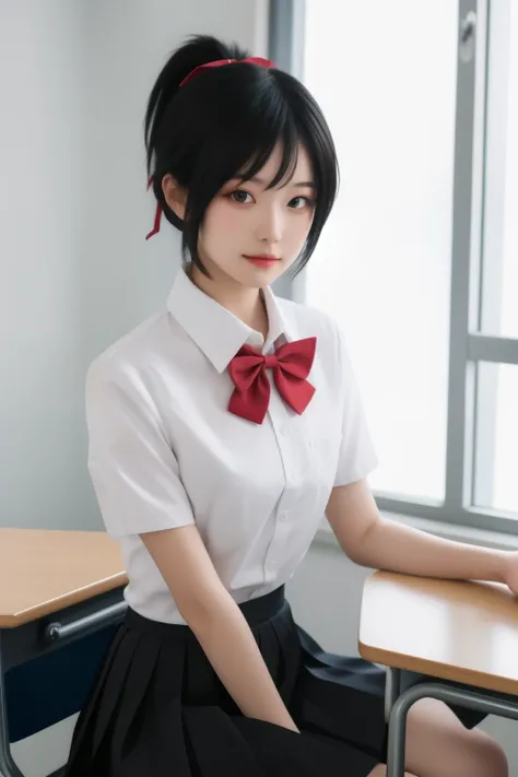 ltra-detailed,highly detailed,best quality,masterpiece,illustration,realistic,
miyamizu mitsuha, 1girl, solo,looking at viewer,portrait, 
black hair, ponytail, short hair,
, hair ribbon,bowtie,short sleeves, collared shirt, pleated skirt, 
indoors, classro...