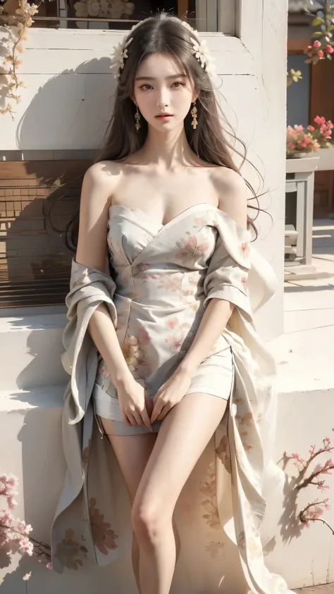 ((Bare shoulder)), ((knee shot)), ((Standing walking)), ((Elegant and charming posture)), ((Close shot)), shot of woman with flowers in hair, Portraits inspired by Du Qiong, CG trends, Reality, Gorgeous Chinese model, traditional beauty, Chinese girl, cgst...