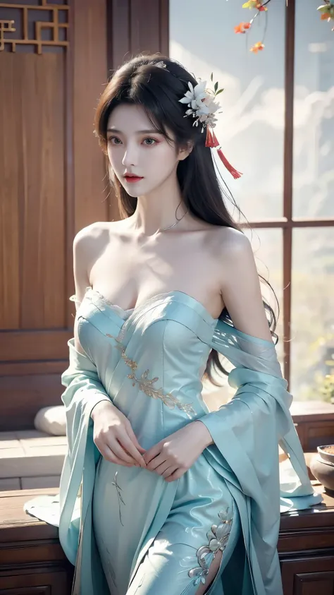 ((Bare shoulder)), ((knee shot)), ((Standing walking)), ((Elegant and charming posture)), ((Close shot)), shot of woman with flowers in hair, Portraits inspired by Du Qiong, CG trends, Reality, Gorgeous Chinese model, traditional beauty, Chinese girl, cgst...