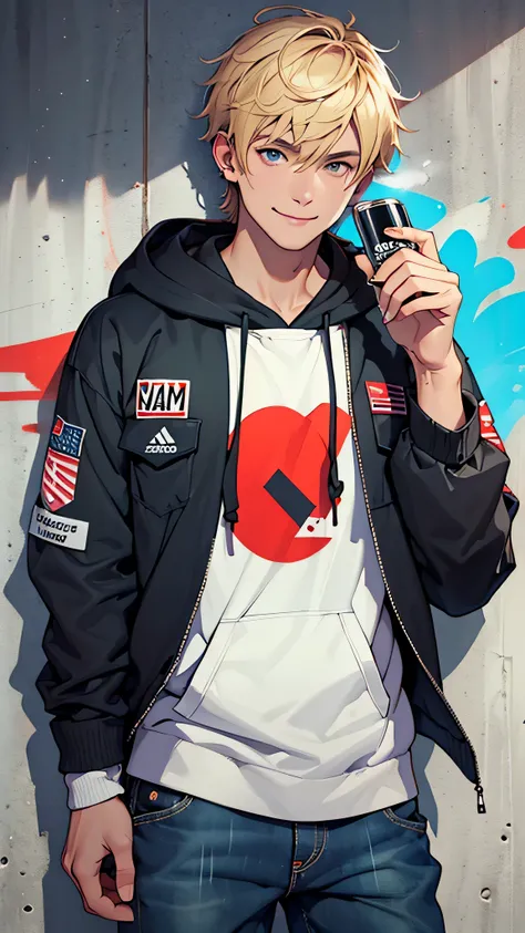 最high quality、Best image quality、masterpiece、male((20-year-old、Blonde、Shortcuts,Black hoodie、Blue denim trouseressy Hair、Muscle chamber、smile、earphone jack、Holding a spray can、Put on the hood)),high quality、Beautiful art、background((wall、graffiti))、Flight、...