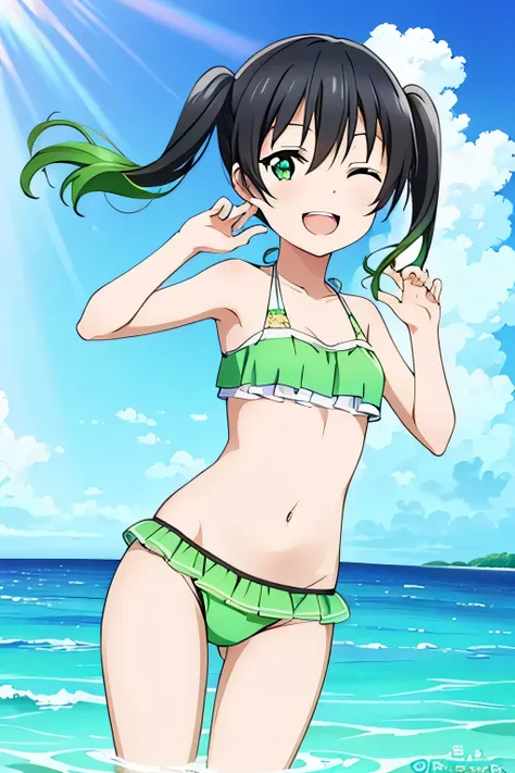 (highest quality, Tabletop:1.2),View your viewers, Are standing, smile,Open your mouth,takasaki yuu,  Multicolored Hair, Green Eyes, Twin tails, Black Hair,Hair between the eyes,Swimwear,bikini,Ocean,