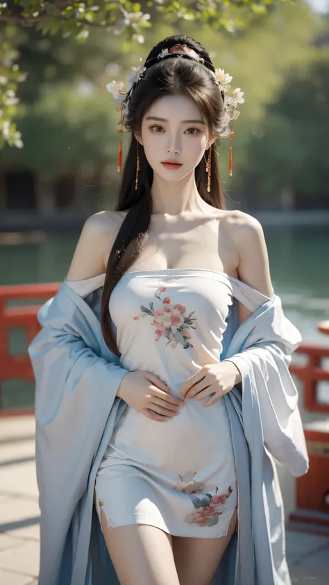 gufeng,bare shoulders, ((Bare shoulder)), ((knee shot)), ((Standing walking)), ((Elegant and charming posture)), ((Close shot)), shot of woman with flowers in hair, Portraits inspired by Du Qiong, CG trends, Reality, Gorgeous Chinese model, traditional bea...