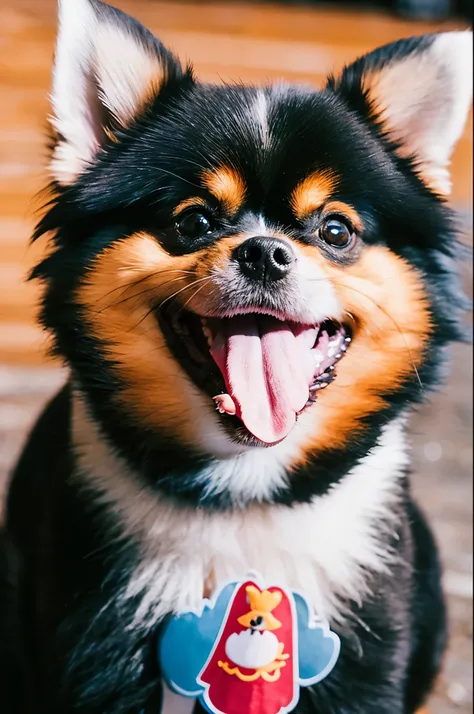 Pomeranian laughing with tongue out after eating human