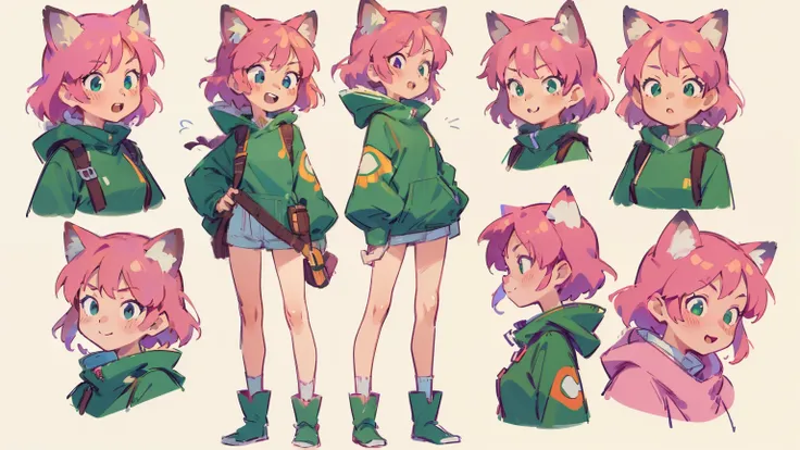 (best quality,ultra-detailed,realistic),pink-haired foxy woman with green hooded smile, full body, sexy, digital illustration, vibrant colors, soft lighting, ((Masterpiece, Highest quality)), ((Tsurime)),Detailed face, character sheets, full bodyesbian, 1g...