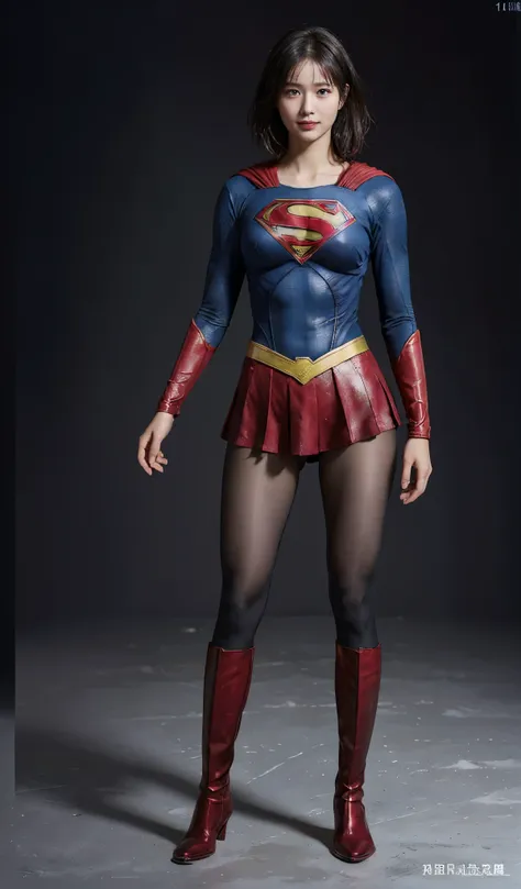 No background、(((Beautiful legs in black tights.)))、(((Legally express the beauty of your smile)))、((((Make the most of your original images)))、(((Supergirl Costume)))、(((beautiful short bob hair)))、(((suffering)))、(((Please wear black tights....、Wear red ...