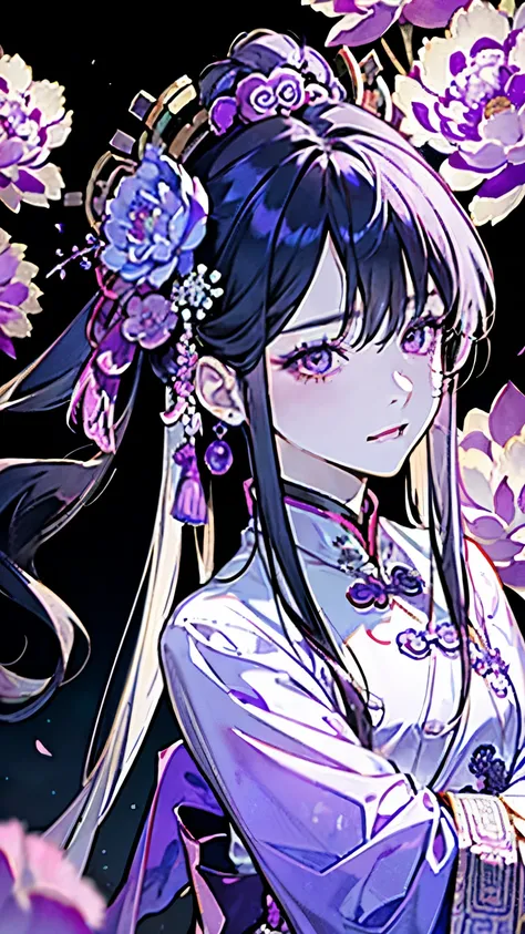 ((Around 16 years old)),(A pale purple costume reminiscent of an ancient Chinese celestial maiden),(),((long hair:1.35)),ponytail,smile,Fantasy,(Demonic and mysterious atmosphere background),((Hugs)),(Peony or Chinese peony、There are many lotus flowers),(C...